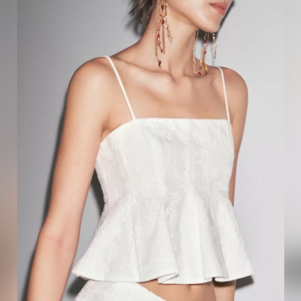 Zara Woman White Embroidered Eyelet Peplum Crop Top XS - Picture 3 of 14